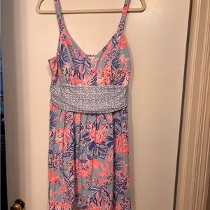Lilly Pulitzer Light Blue Floral Spaghetti Strap Dress with Coral Accents